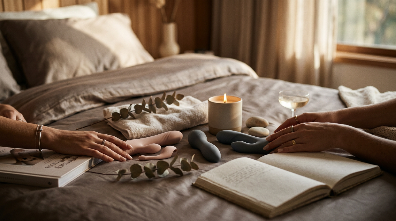 Secret Fantasy editorial flat-lay — beginner adult toys arranged on a soft cream backdrop