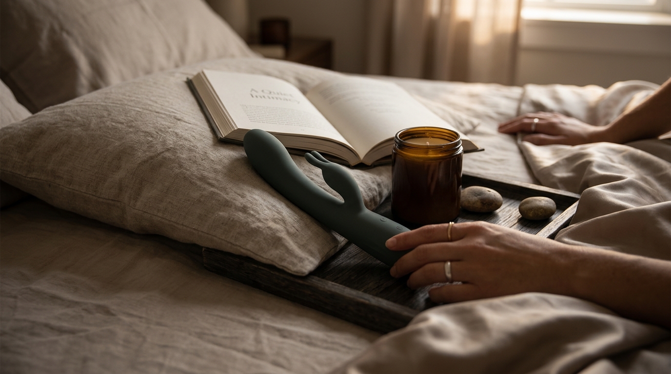 Editorial flat-lay of premium rabbit vibrators on a soft purple silk backdrop
